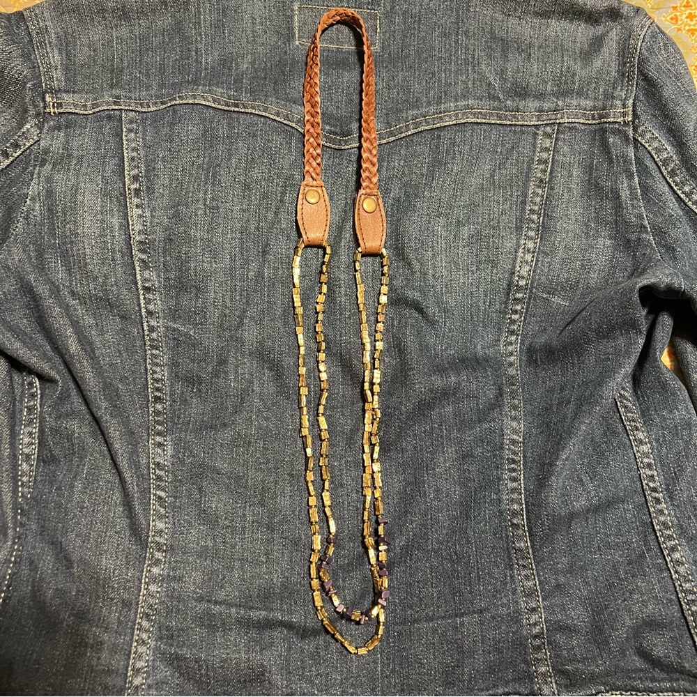 CLOSET CLOSING Gold and Purple Beaded Leather Long Necklace Brass Pyrite?